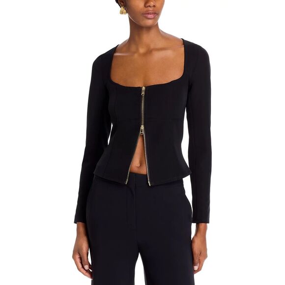 NWT L'AGENCE Paris Ainslee Zip Up Scoop Neck Long Sleeve Top in Black Size 0 - Picture 2 of 16